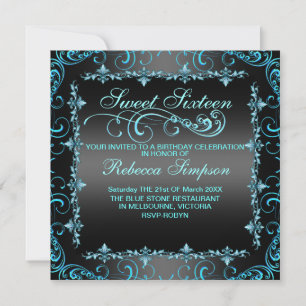 Invitación Blue/Black Sweet 16 Swirl Birthday Invite
