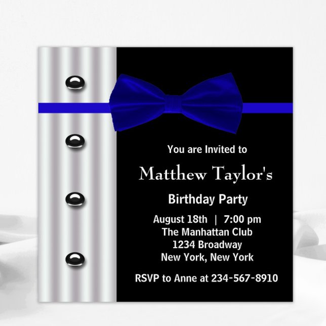 Invitación Blue Black Tuxedo Bow Tie Mens fiesta de cumpleaño (Black white tuxedo blue bowtie any occasion and birthday party invitation. All text can be changed.)