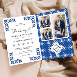 Invitación Blue Black Ukrainian Embroidery QR Code Wedding