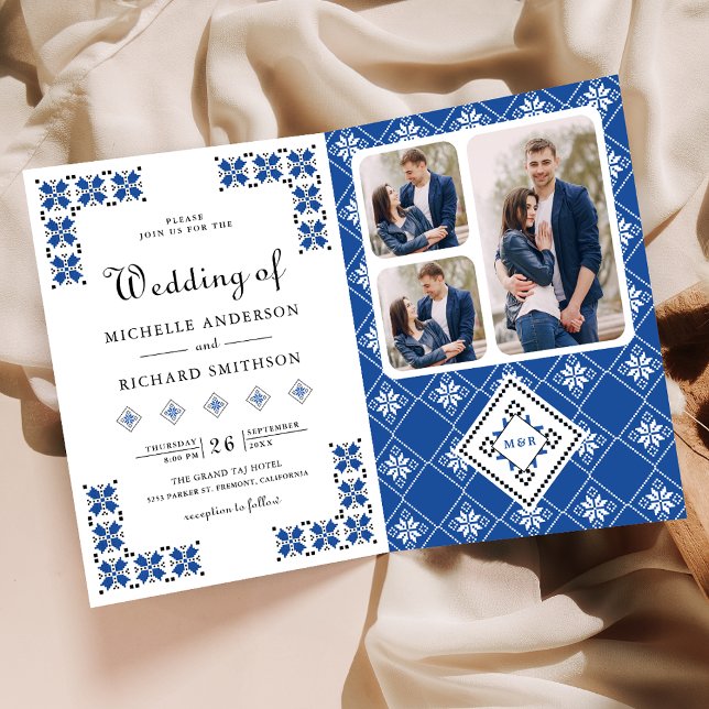 Invitación Blue Black Ukrainian Embroidery QR Code Wedding (Subido por el creador)