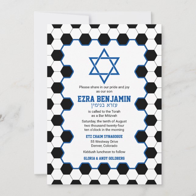Invitación Blue Black White Soccer Ball Bar Mitzvah (Anverso)