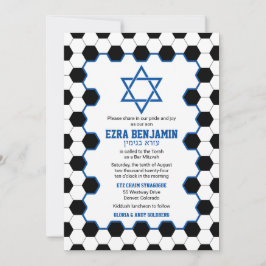 Invitación Blue Black White Soccer Ball Bar Mitzvah