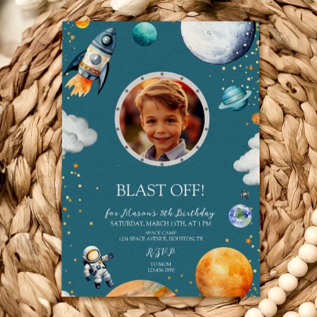 Invitación Blue Blast Off Photo Space Theme Kids Birthday (Subido por el creador)