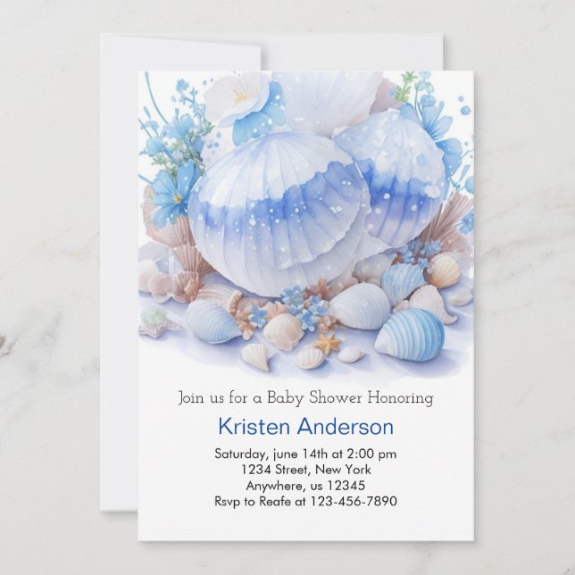 Invitación Blue Blissant Seashell Ocean Boy Baby Shower (Anverso)