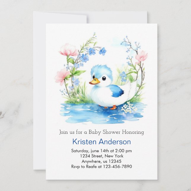 Invitación Blue Blissful Watercolor DuckBoy Baby Shower (Anverso)