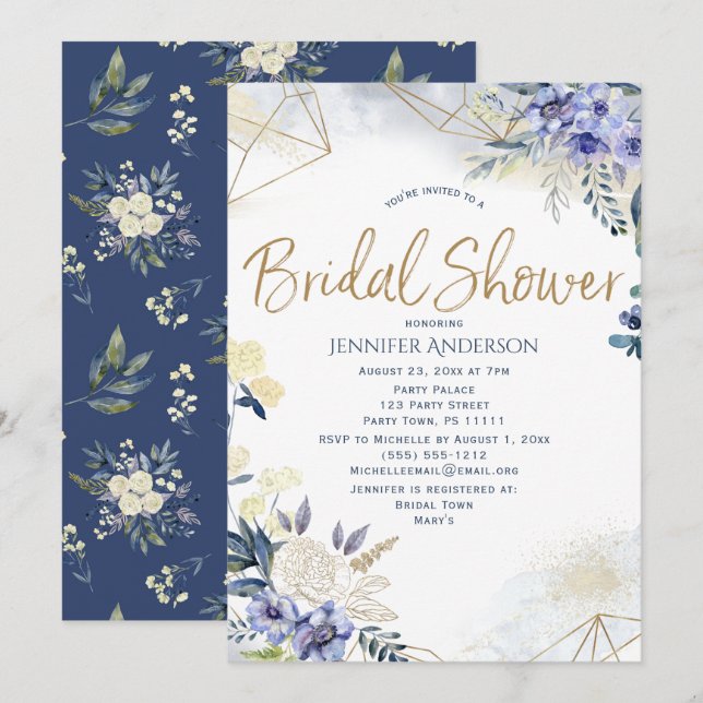 Invitación Blue Blue Gold Watercolor Floral Bridal Shower (Anverso / Reverso)