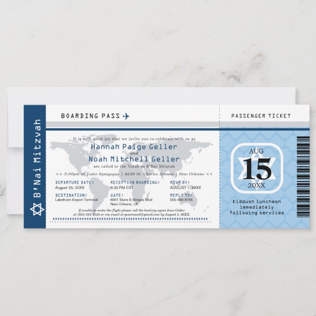 Invitación Blue B'Nai Mitzvah World Traveller Boarding Pass (Anverso)