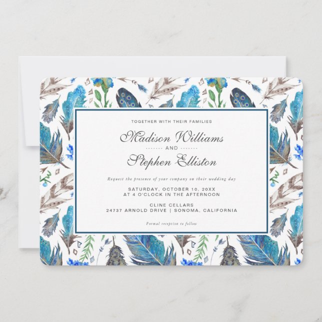 Invitación Blue Boho Aztec Watercolor - Boda (Anverso)