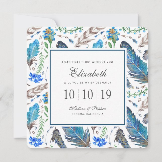 Invitación Blue Boho Aztec Watercolor - Bridesmaid (Anverso)