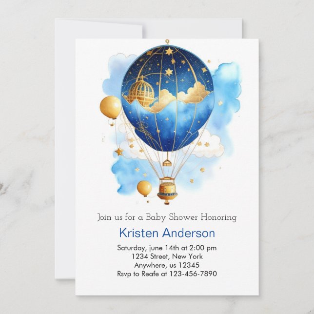 Invitación Blue Boho Balloon Adventure Boy Baby Shower (Anverso)