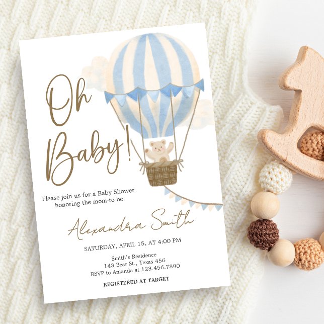 Invitación Blue Boho Bear Baby Shower  (Oh Baby Bear Baby Shower Invitation)