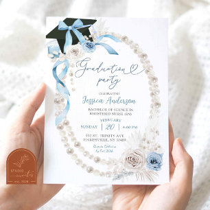 Invitación Blue Boho Coquette Bow Pearl Graduation Party