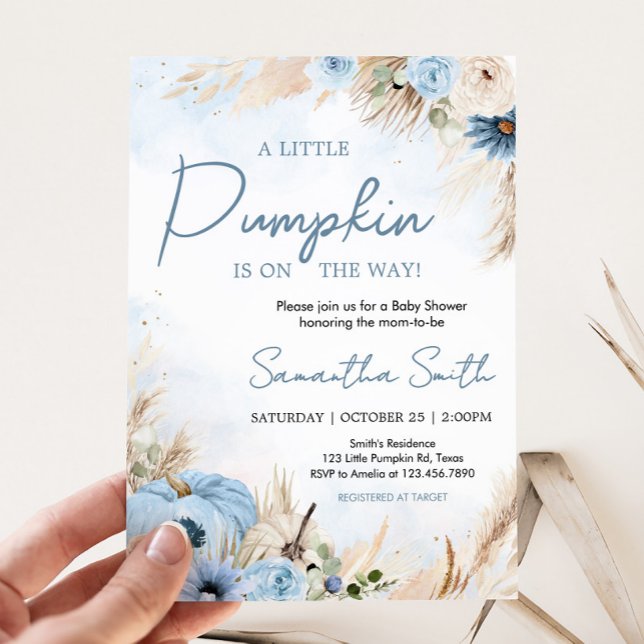 Invitación Blue Boho Fall Pumpkin Baby Shower (Blue Boho Autumn Fall Pumpkin Pampas Grass Baby Shower Invitation)