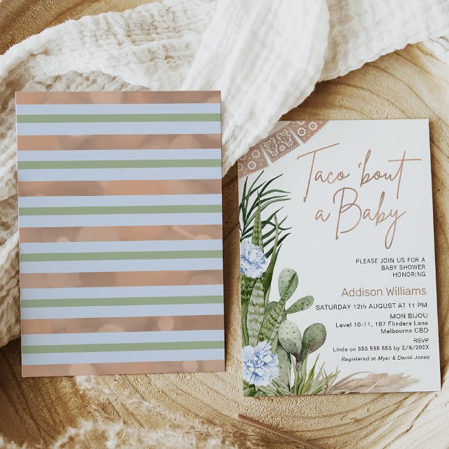 Invitación Blue Boho Fiesta Taco sobre un bebé Baby Shower (Boy's taco 'bout a baby baby shower invitation featuring cacti and blue flowers in a boho style.)