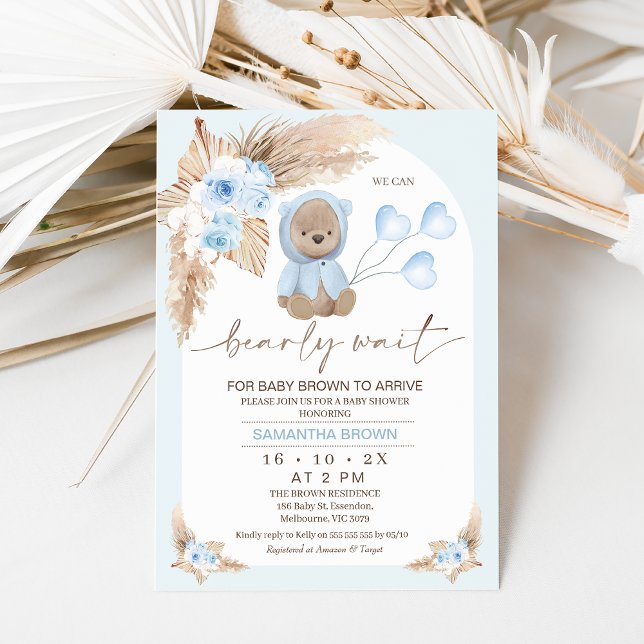 Invitación Blue Boho Floral Arch Bearly Wait Baby Shower (Boy's blue boho floral and arch we can bearly wait for baby to arrive baby shower invitation.)
