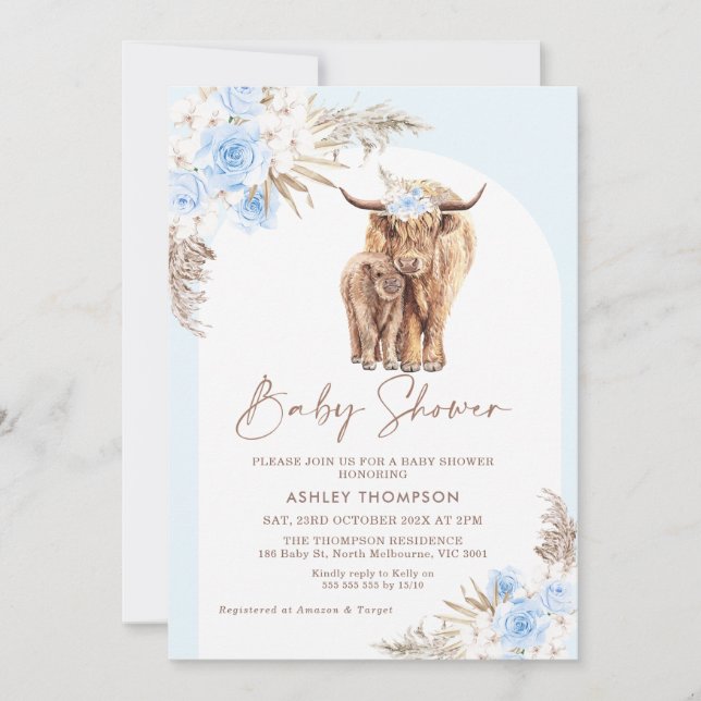 Invitación Blue Boho Floral Arch Highland Cow Baby Shower (Anverso)