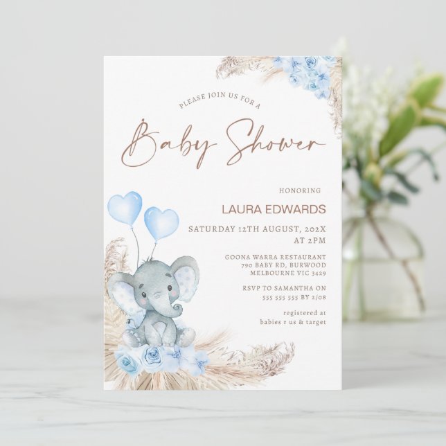 Invitación Blue Boho Floral Boys Elephant baby Shower (Anverso de pie)