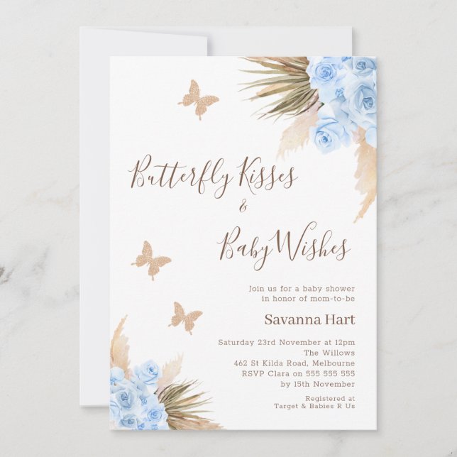 Invitación Blue Boho Floral Butterfly besa Baby Shower (Anverso)