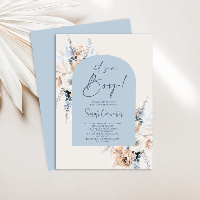 Invitación Blue Boho Floral Pampas Grass Baby Shower Boy (Subido por el creador)