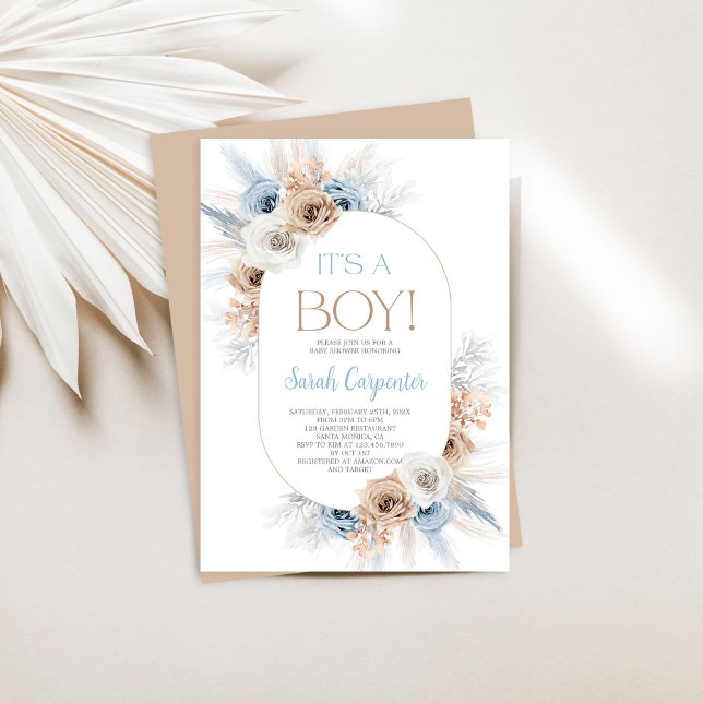 Invitación Blue Boho Floral Pampas Grass Baby Shower Boy (Subido por el creador)