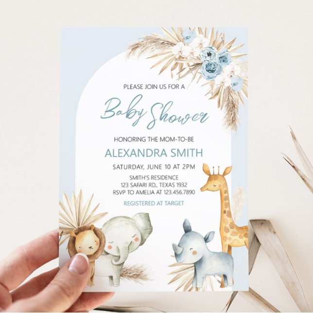 Invitación Blue Boho Floral Safari Baby Shower (Boy Safari Animals Boho Baby Shower Invitation)