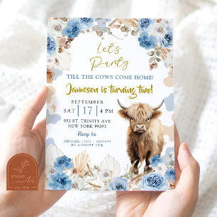 Invitación Blue Boho Highland Cow Farm Boy Cumpleaños