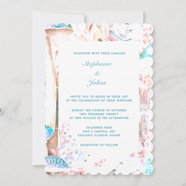 Invitación Blue Boho Mushroom Art Woodland Boda 2024 (Anverso)