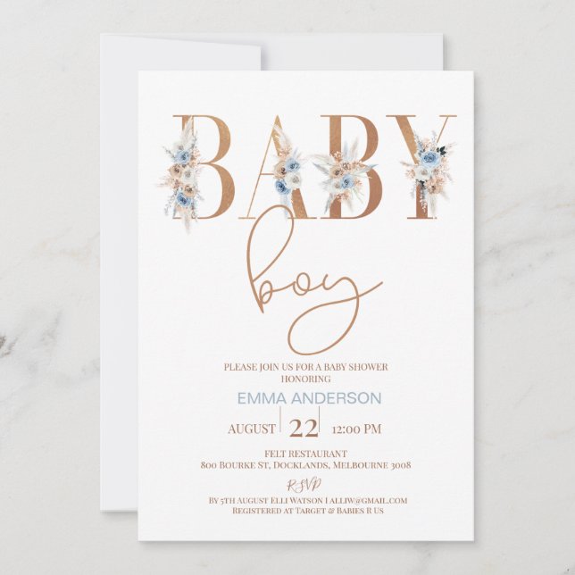 Invitación Blue Boho Palabra floral Baby Boy Baby Shower (Anverso)