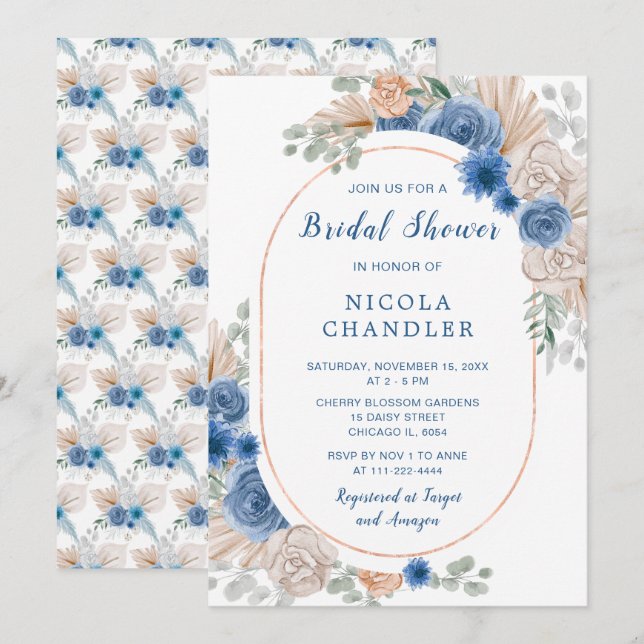 Invitación Blue Boho Pampas Ducha de Novias de Grass (Anverso / Reverso)