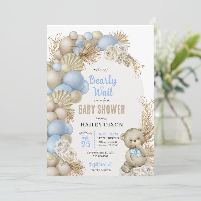 Invitación Blue Boho Pampas Grass Teddy Bear Baby Shower (Anverso de pie)