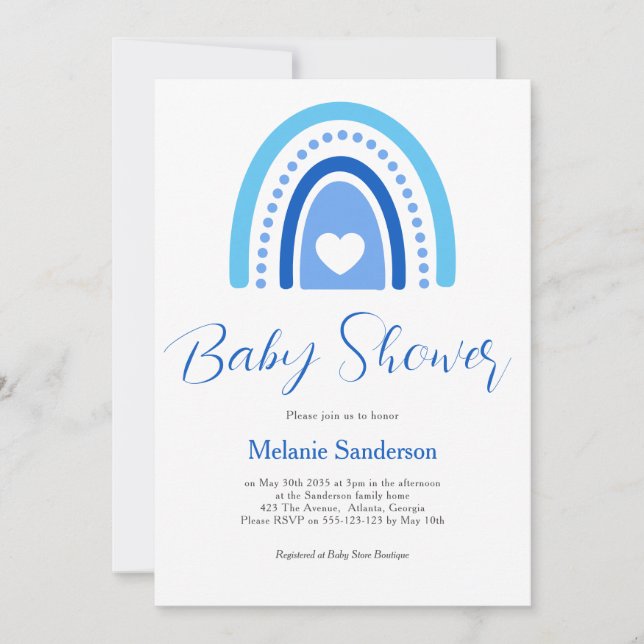 Invitación Blue Boho Rainbow Baby Shower (Anverso)
