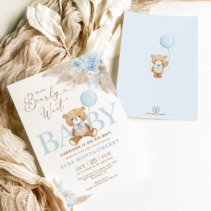 Invitación Blue Boho Teddy Bear Pampas Grass Boy Baby Shower