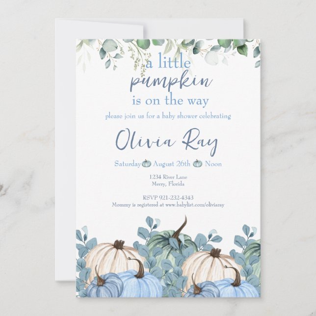 Invitación Blue Boho un pequeño calabaza está en camino (Anverso)