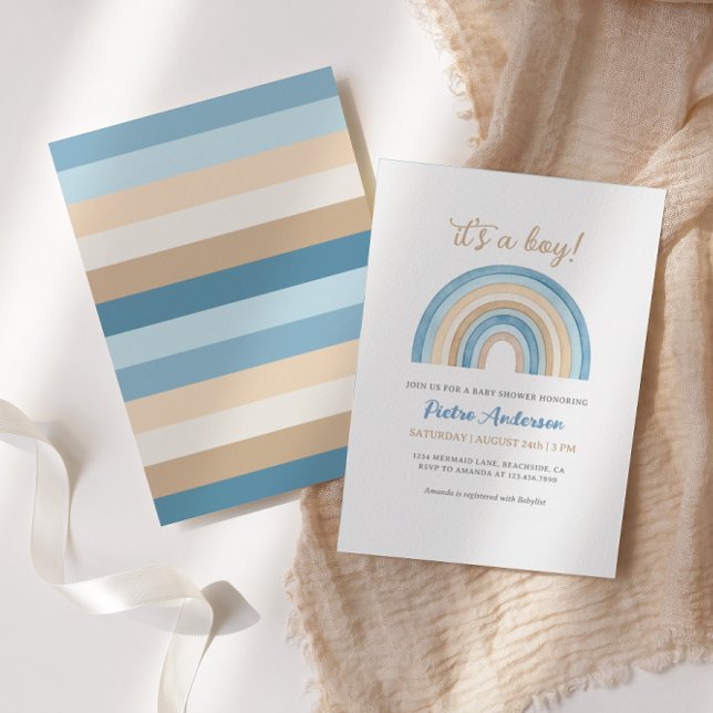 Invitación Blue Boho Watercolor Rainbow Boy Baby Shower (Subido por el creador)