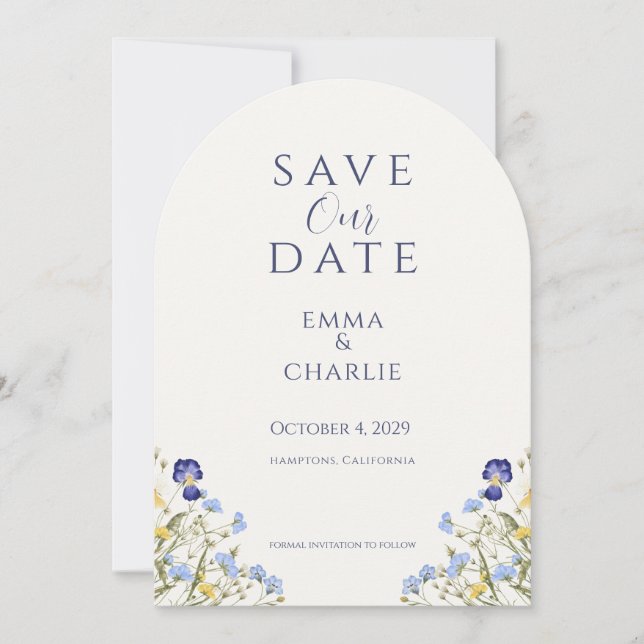 Invitación Blue Boho Wildflowers Wedding Save the Date (Anverso)