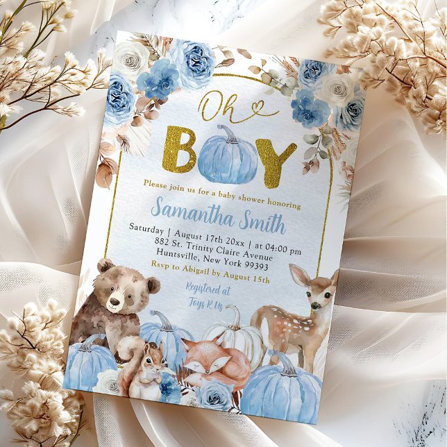Invitación Blue Boho Woodland Fall Pumpkin Baby Shower (Subido por el creador)