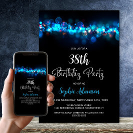 Invitación Blue Bokeh Black Any Age Birthday Party