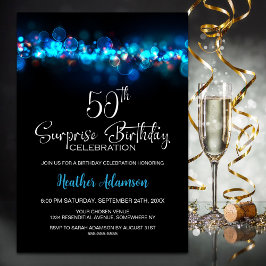 Invitación Blue Bokeh Black Surprise 50th Birthday Party