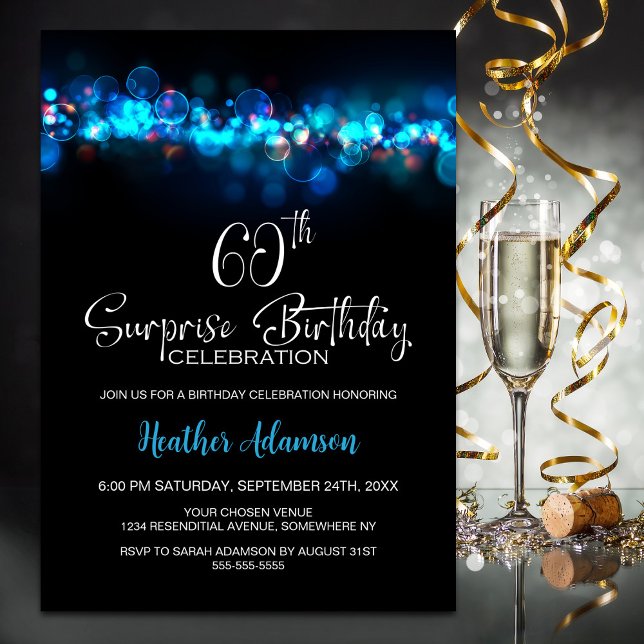 Invitación Blue Bokeh Black Surprise 60th Birthday Party (Subido por el creador)