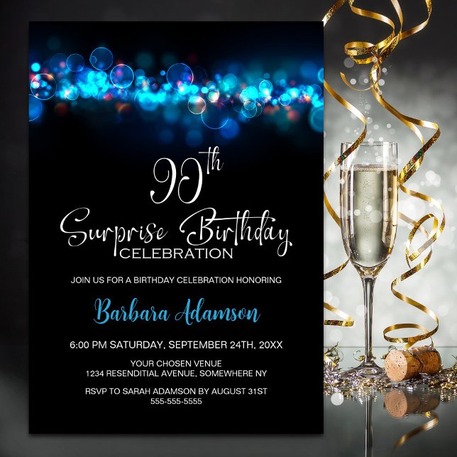 Invitación Blue Bokeh Black Surprise 90th Birthday Party (Subido por el creador)