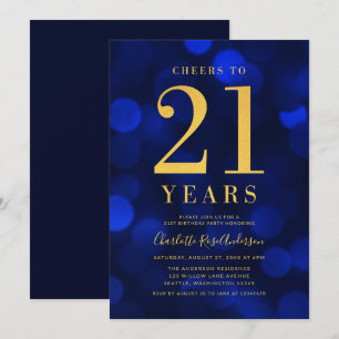 Invitación Blue Bokeh Gold Cheers en fiesta de cumpleaños por