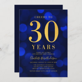 Invitación Blue Bokeh Gold Cheers en fiesta de cumpleaños por