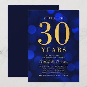 Invitación Blue Bokeh Gold Cheers en fiesta de cumpleaños por