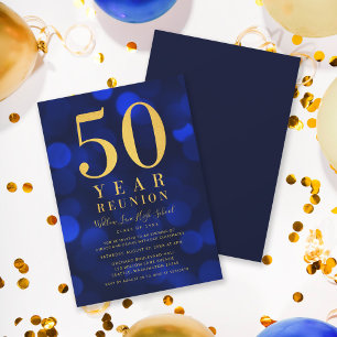 Invitación Blue Bokeh Light Reunión de 50 años