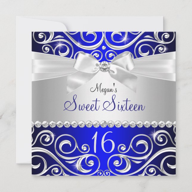 Invitación Blue Bonito Diamond bow & Sparkle Swirl Sweet 16 (Anverso)