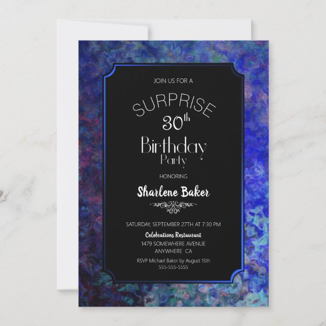 Invitación Blue Border Black Surprise Fiesta del 30 cumpleaño (Anverso)