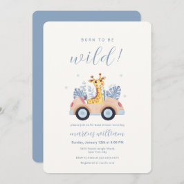 Invitación Blue Born To Be Wild Safari Giraffe Baby Shower
