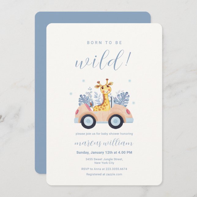 Invitación Blue Born To Be Wild Safari Giraffe Baby Shower (Anverso / Reverso)