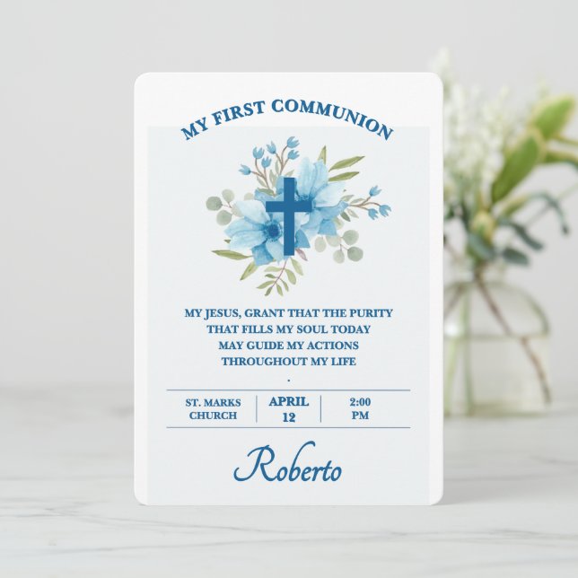 Invitación Blue Botanical Cross First Holy Communion  (Anverso de pie)