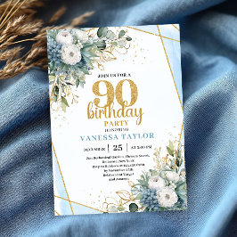 Invitación Blue Botanical Gold Frame 90th Birthday Invite